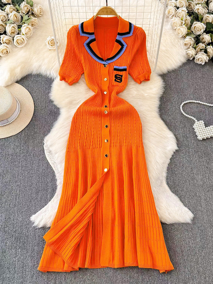 Knit Letter Embroidery Midi Dress *Blue / M