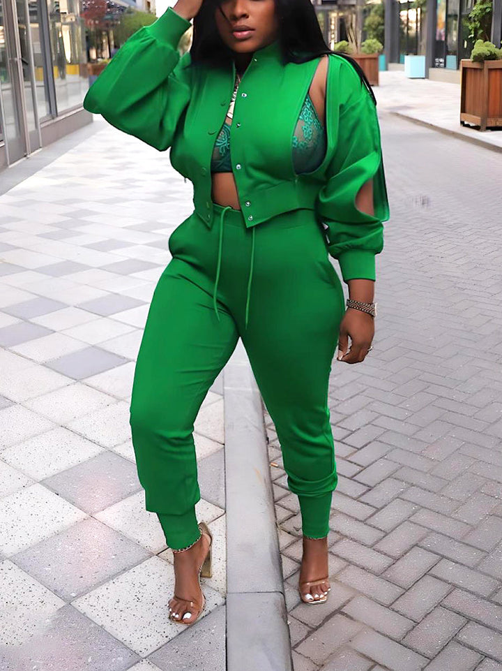 Zipper Crop Jacket Jogger Set Green / L