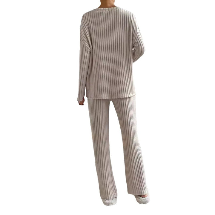 Straight-leg Pants With Relaxed Fit V-Neck Ribbed Knit Set