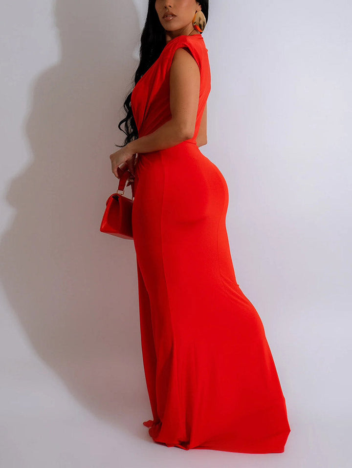 Elegant Plunge Draped Maxi Dress Pink / XL