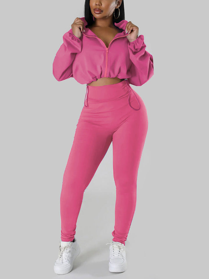 Zipper Crop Top & Leggings Set Rose / S