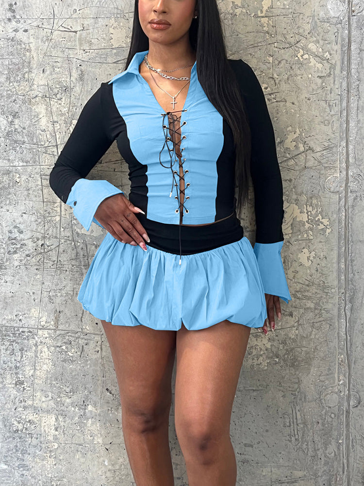 Lace-Up Top & Bubble Skort Set Burgundy / 2XL