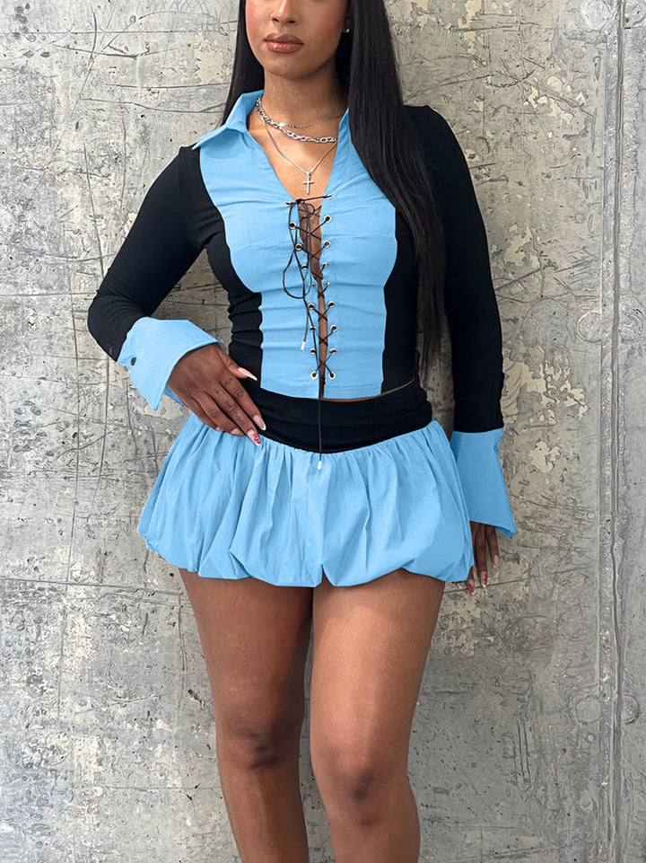 Lace-Up Top & Bubble Skort Set Burgundy / 2XL