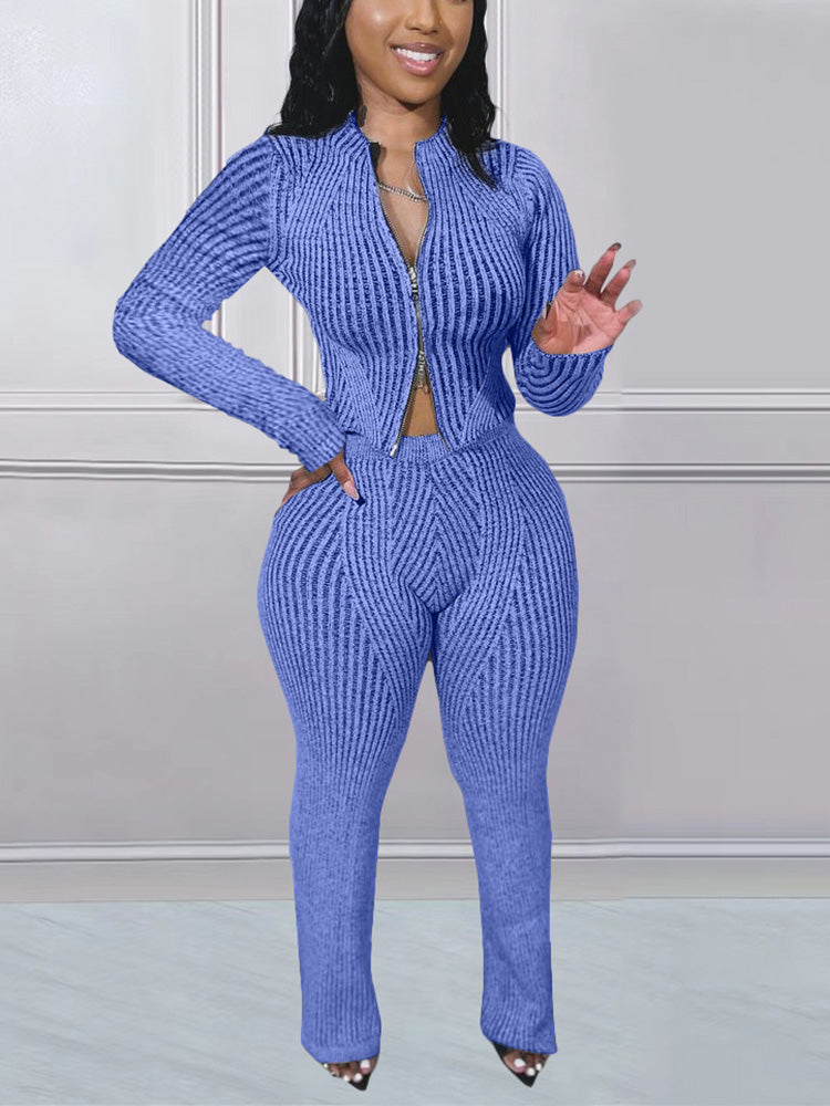 Knit Zipper Crop Top Slim Pants Set Pink* / 2XL