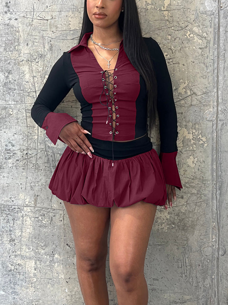 Lace-Up Top & Bubble Skort Set Burgundy / M