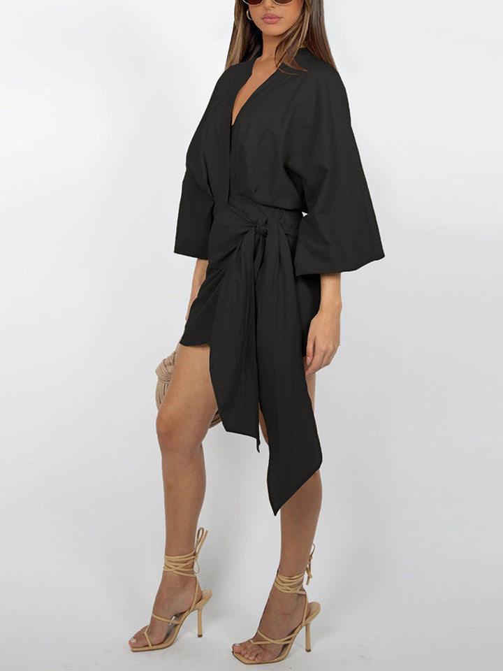 Puff Sleeves Wrap Dress Red / L