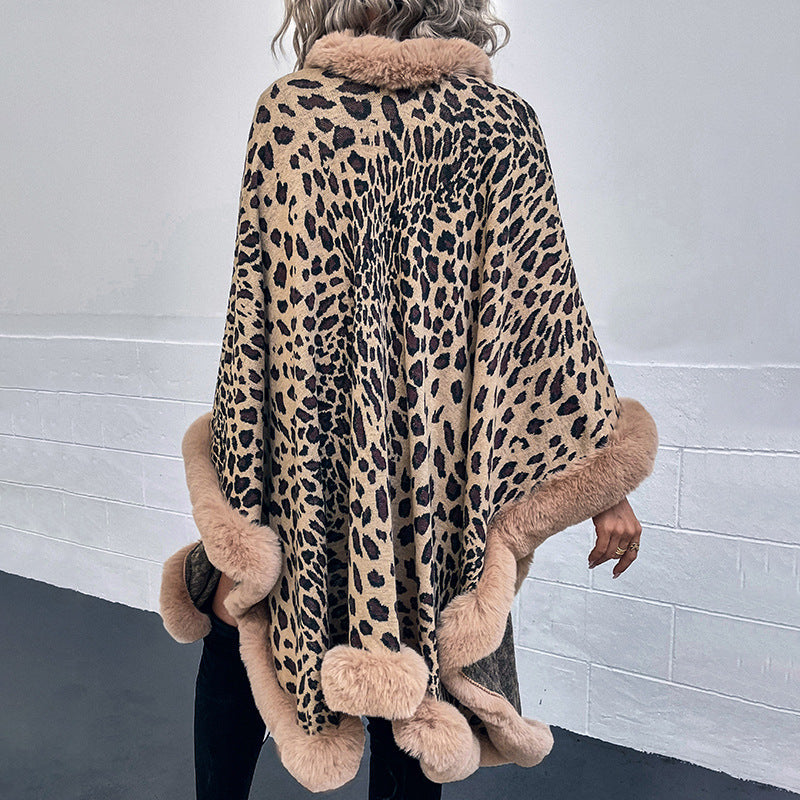 Leopard-Print Faux Fur Collar Cape Cardigan Shawl Sweater