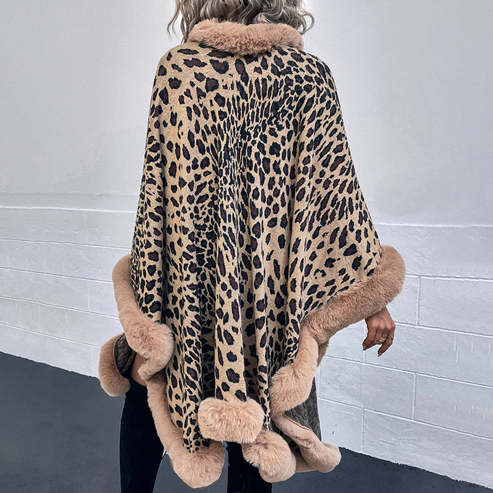 Leopard-Print Faux Fur Collar Cape Cardigan Shawl Sweater