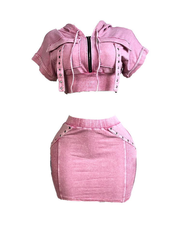 Washed Hoodie Top & Mini Skirt Set Pink / S