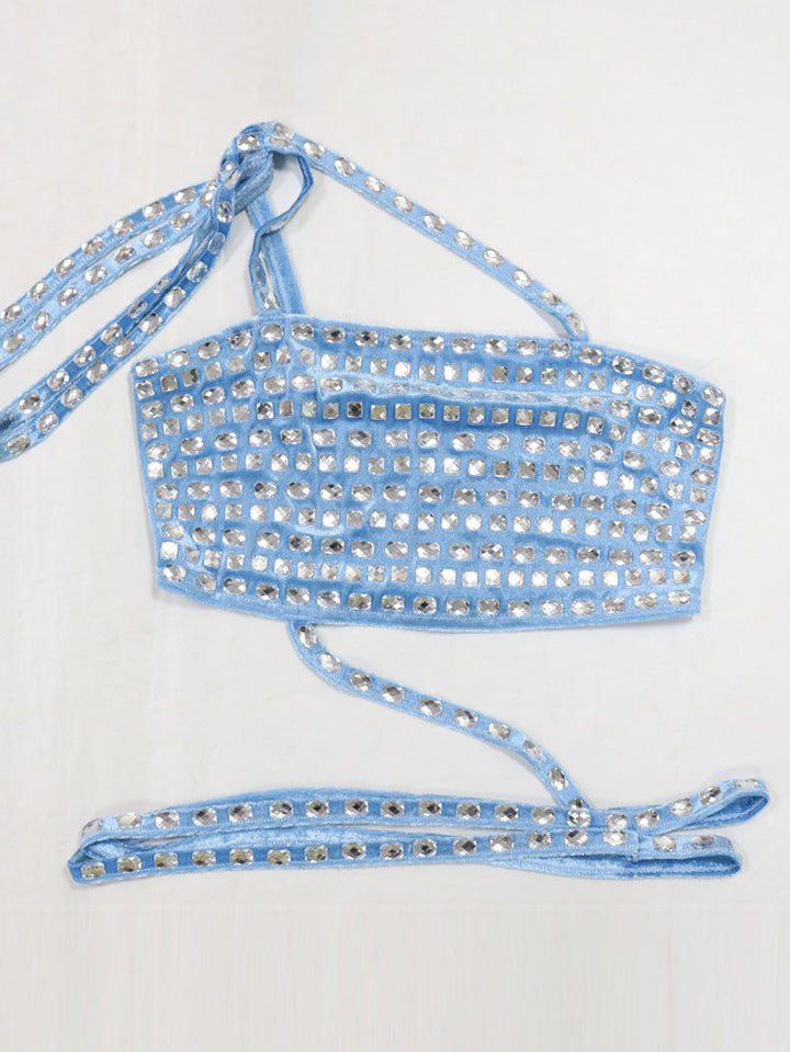 Rhinestone Velvet Tube Top & Leggings Set Blue / 2XL