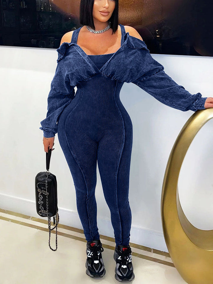 Washed Cold Shoulder Jumpsuit Navy / S