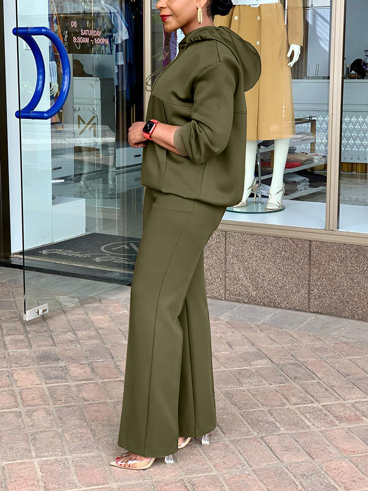 Half-Zip Hoodie Wide-Leg Pant Set Olive Green / XL