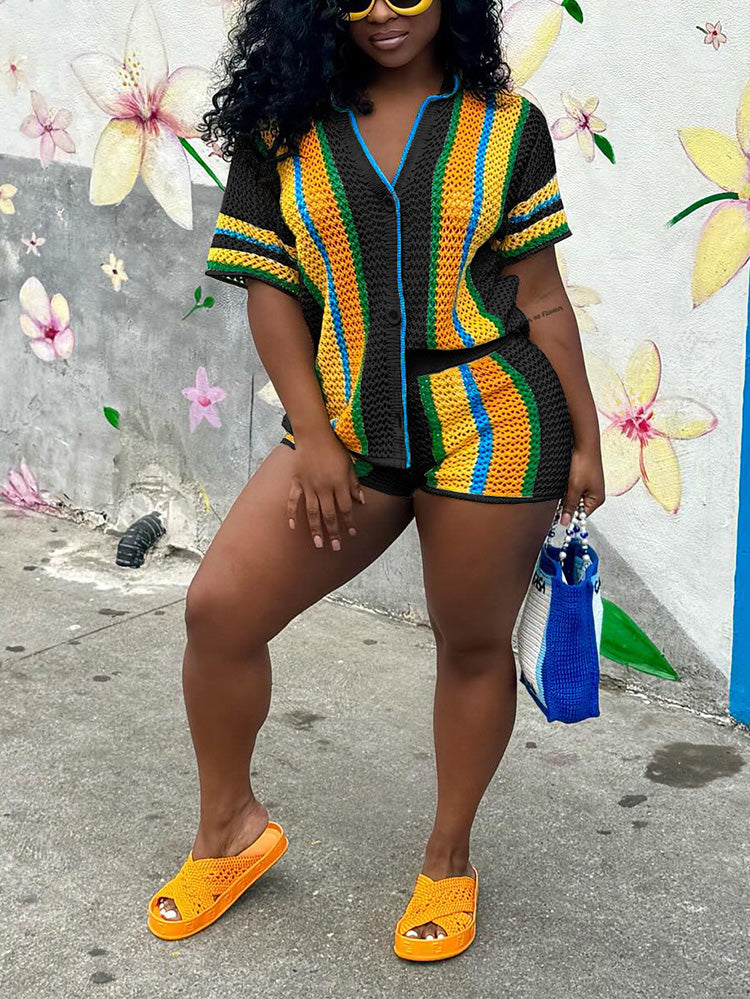 Colorblock Crochet Shorts Set Black / L