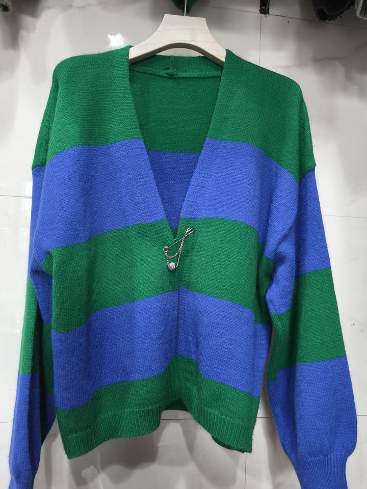 Contrast-Striped Cardigan Knit Sweater
