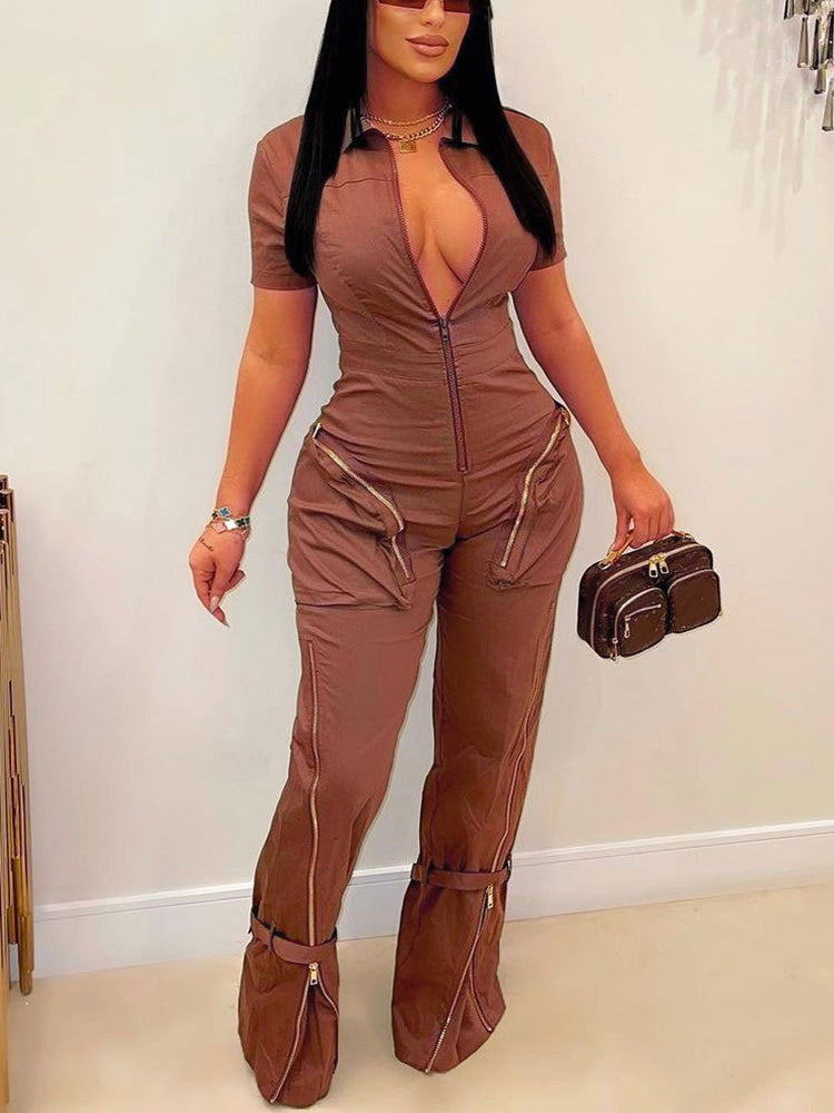 Zipper Cargo Pocket Utility Jumpsuit Brown / 2XL