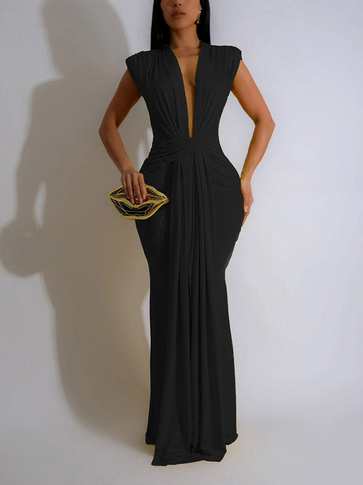 Elegant Plunge Draped Maxi Dress Yellow / 2XL