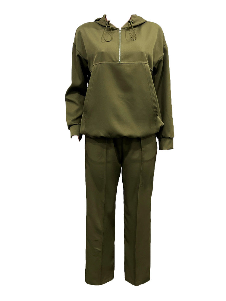 Half-Zip Hoodie Wide-Leg Pant Set Olive Green / 2XL