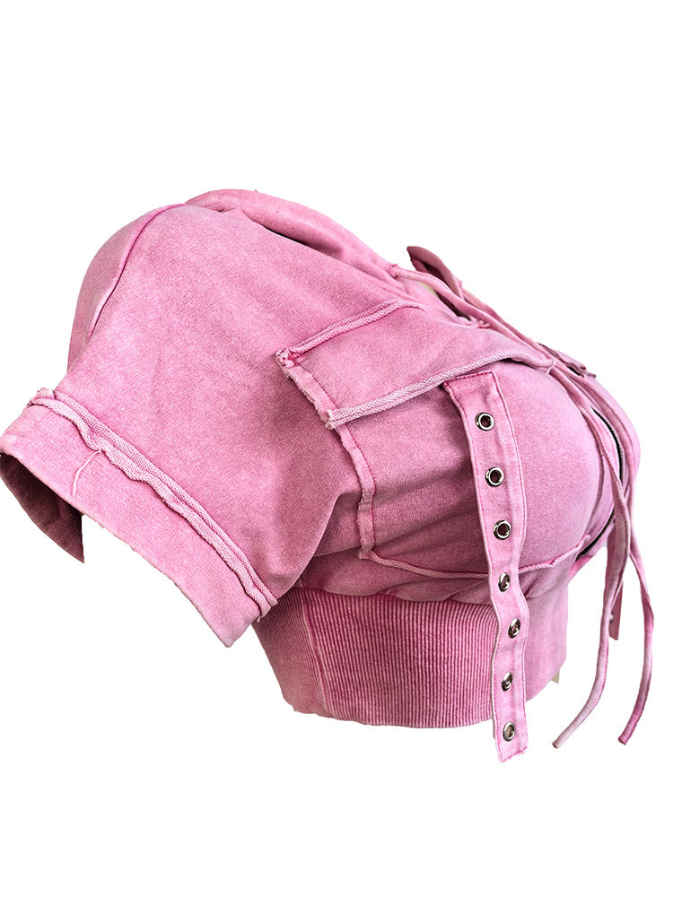 Washed Hoodie Top & Mini Skirt Set Pink / L