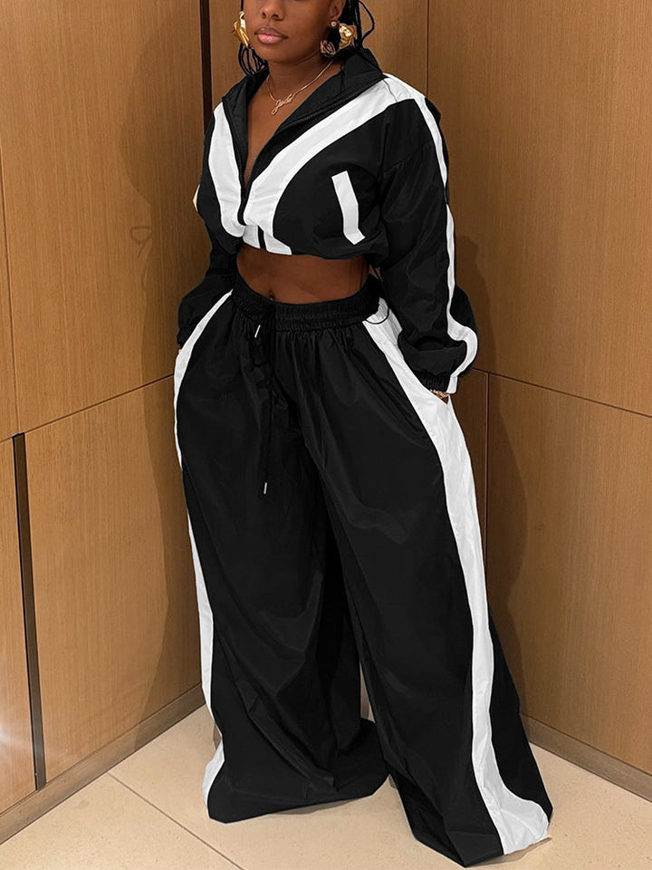 Sporty Crop Jacket & Wide Pants Set Black / XL