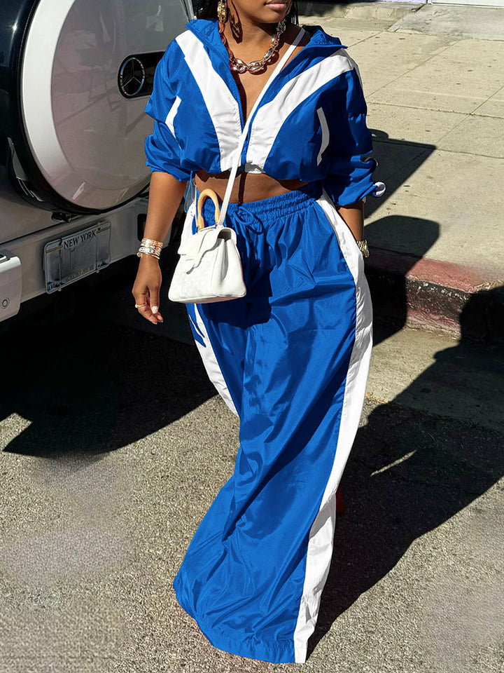 Sporty Crop Jacket & Wide Pants Set Blue / XL