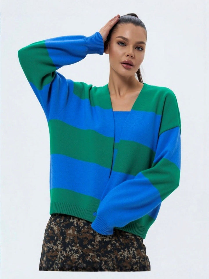 Contrast-Striped Cardigan Knit Sweater