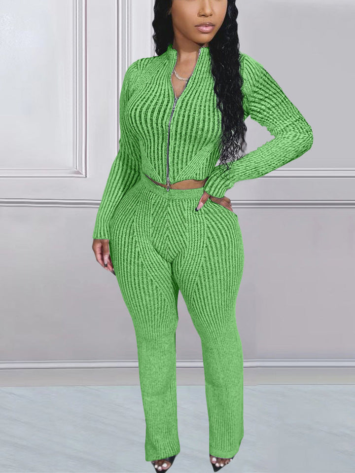 Knit Zipper Crop Top Slim Pants Set *Blue / XL