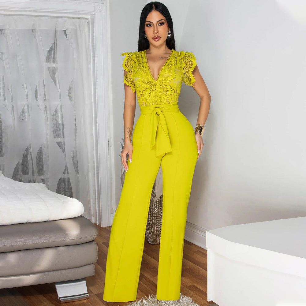 V-neck Sleeveless Solid-Color Jumpsuit