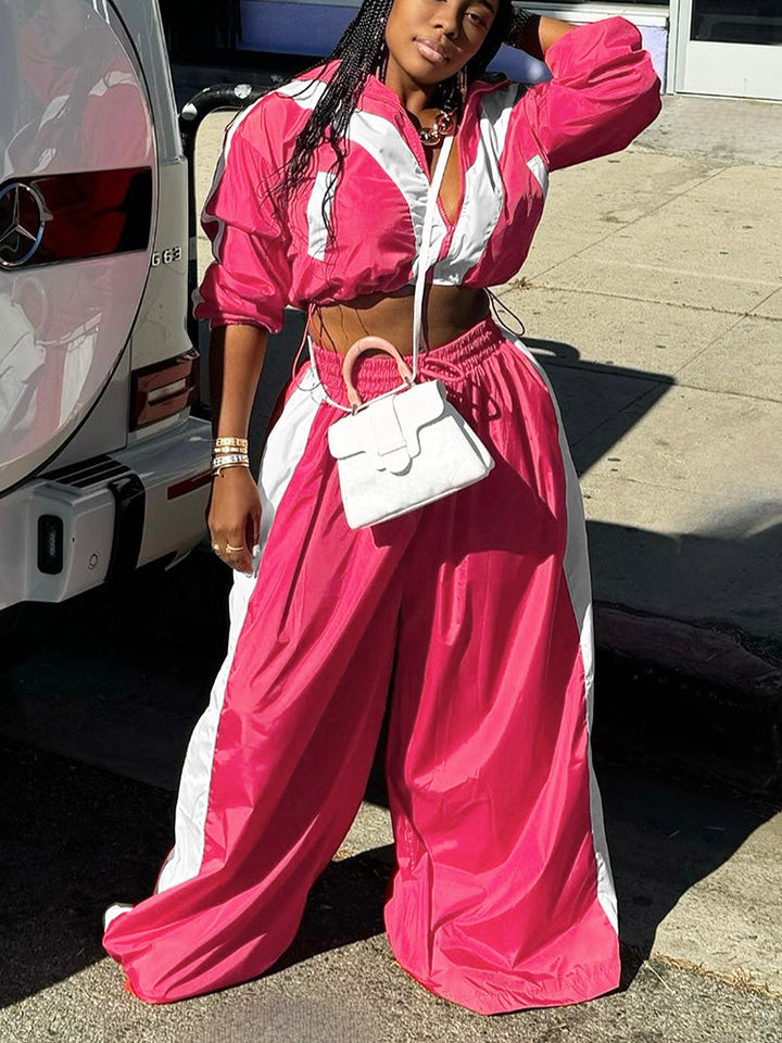 Sporty Crop Jacket & Wide Pants Set Rose / 2XL