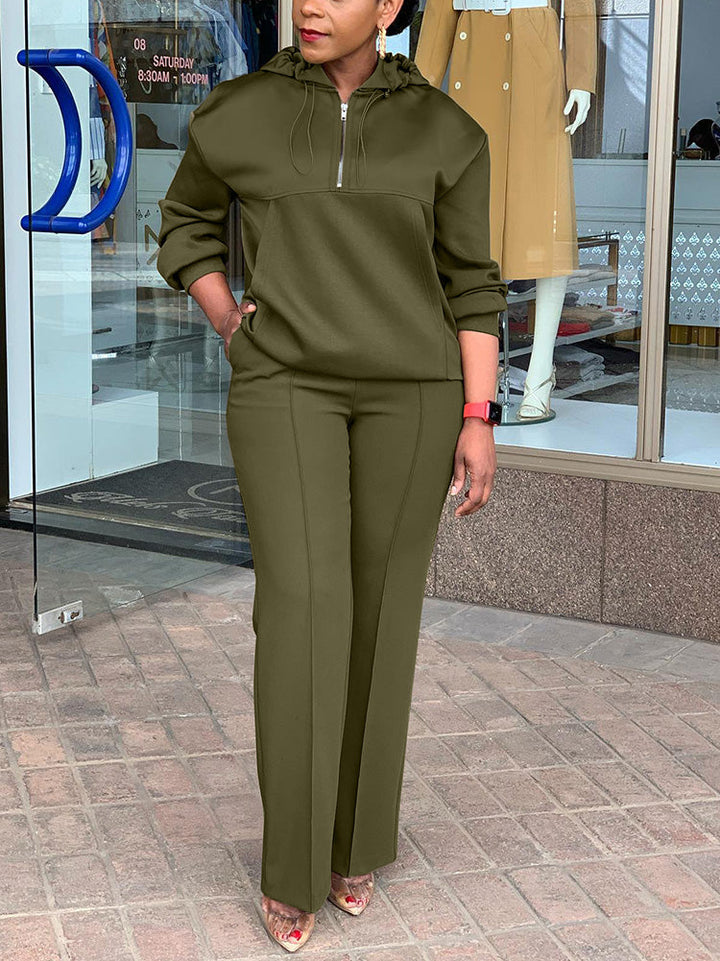 Half-Zip Hoodie Wide-Leg Pant Set Olive Green / L