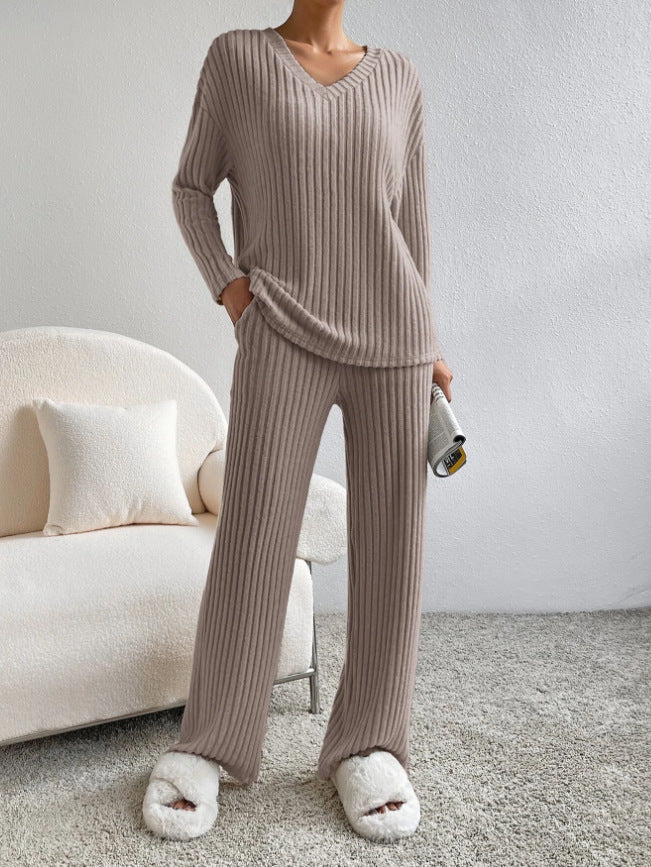 Straight-leg Pants With Relaxed Fit V-Neck Ribbed Knit Set