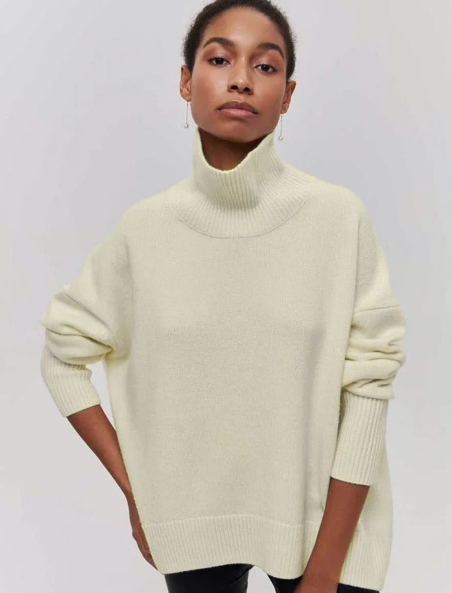 High-Neck Sweater Oversized Solid-Color Knit Cardigan