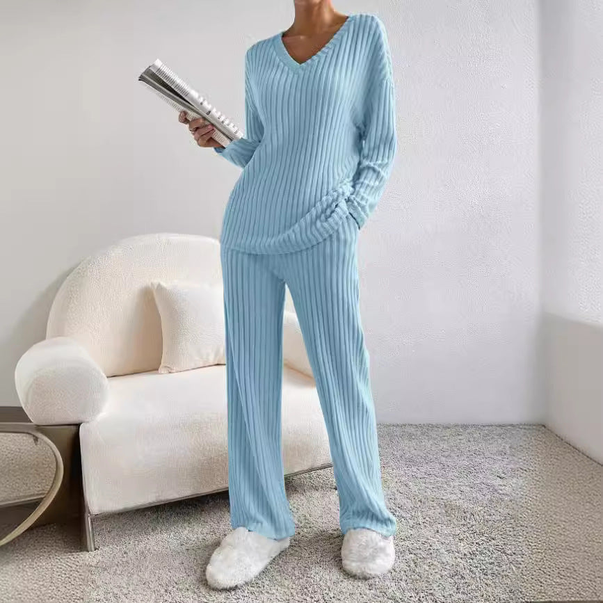 Straight-leg Pants With Relaxed Fit V-Neck Ribbed Knit Set