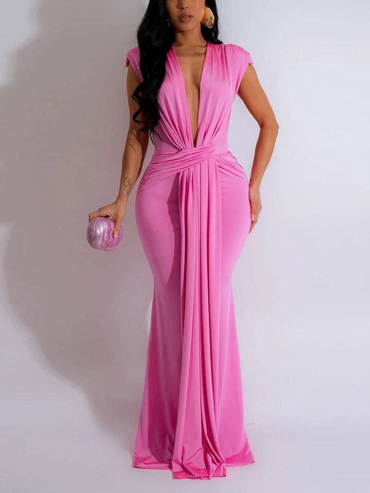 Elegant Plunge Draped Maxi Dress Blue / M