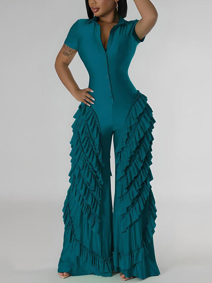 Ruffle Wide Leg Jumpsuit Red / XL