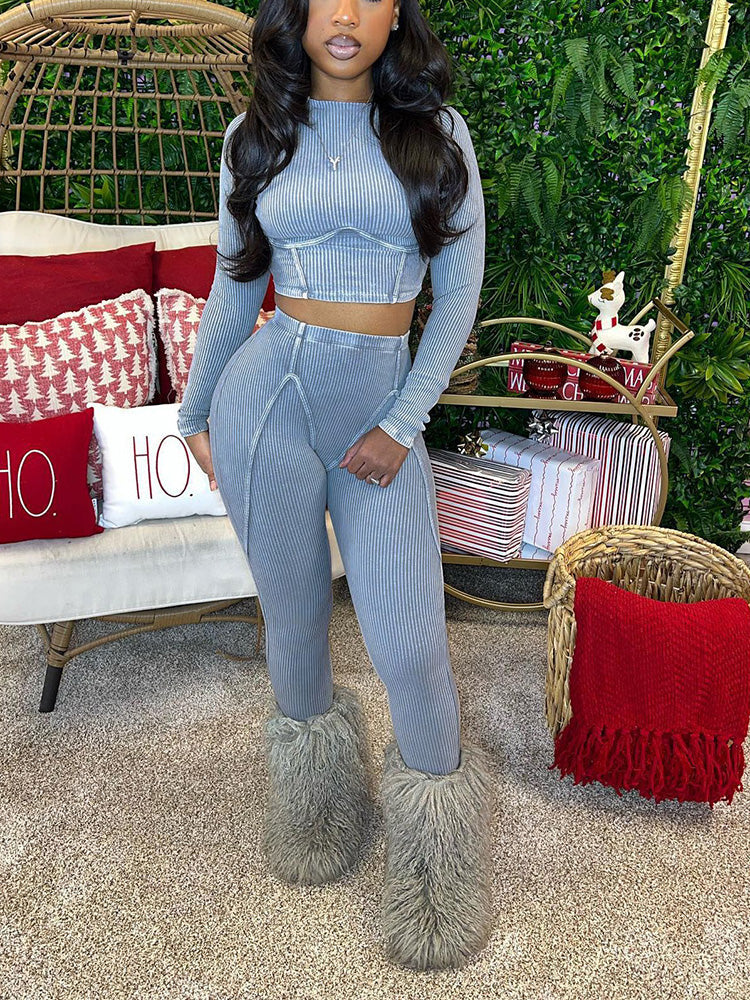 Ribbed Crop Top & Leggings Set Tan / M