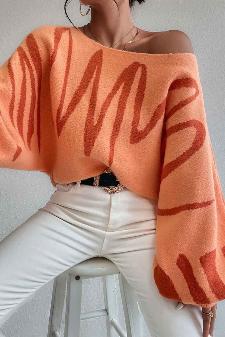 Geometric Lantern Sleeve Knitted Sweater Orange · L