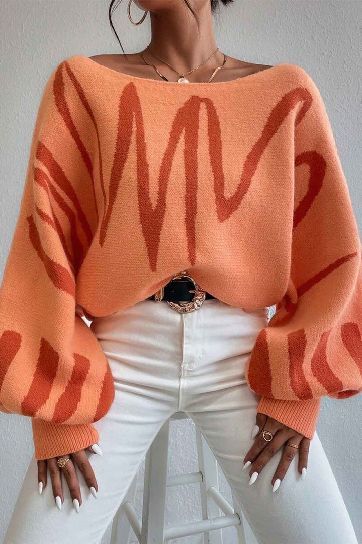 Geometric Lantern Sleeve Knitted Sweater Beige · S