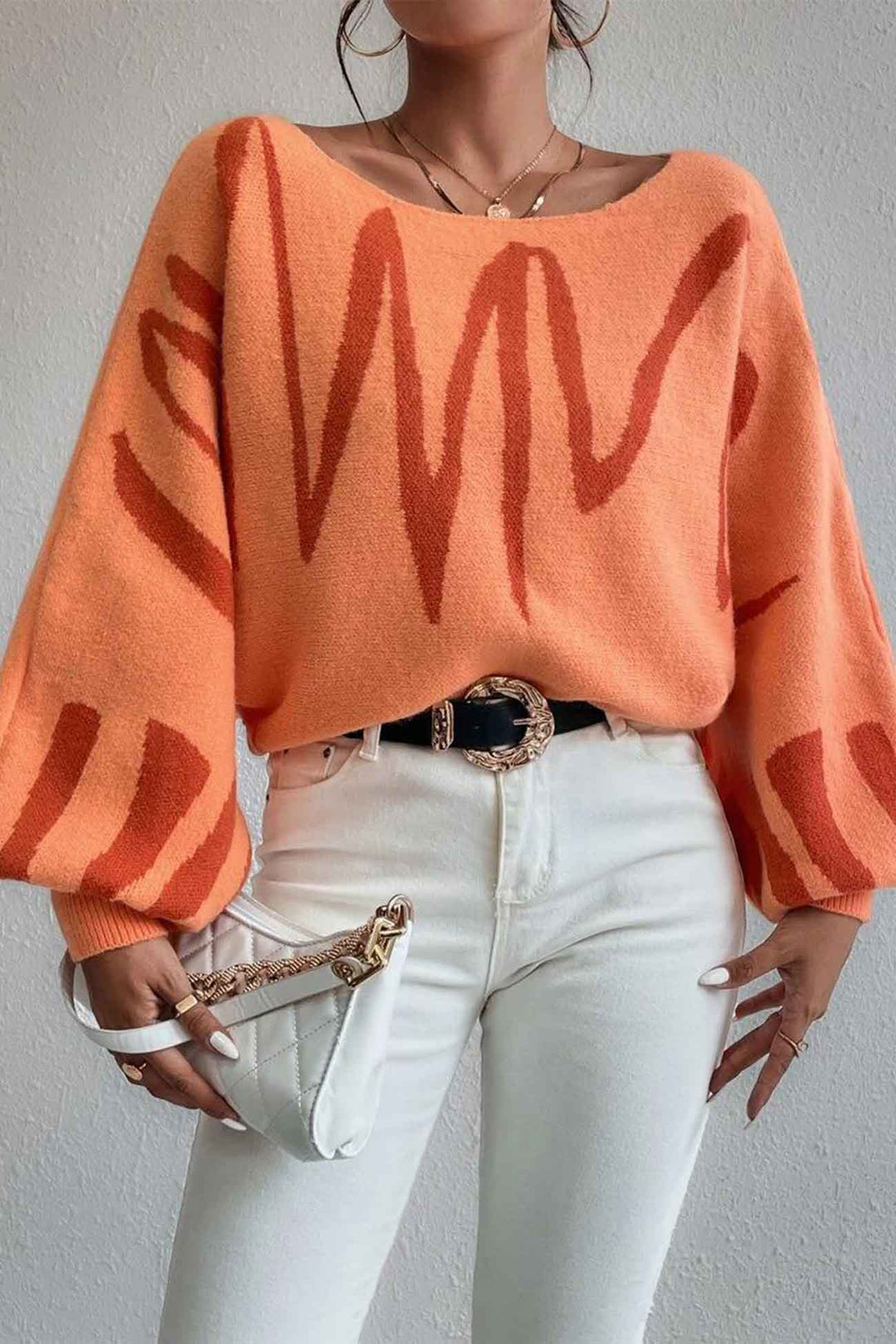 Geometric Lantern Sleeve Knitted Sweater Orange · M