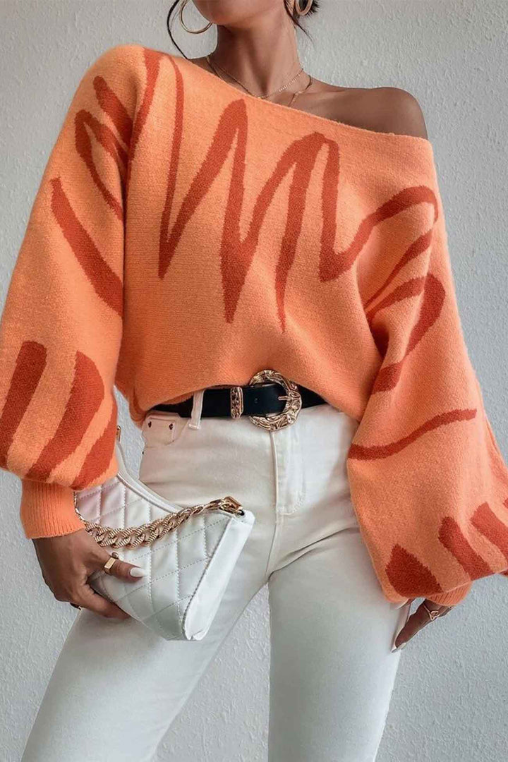 Geometric Lantern Sleeve Knitted Sweater Grey · S