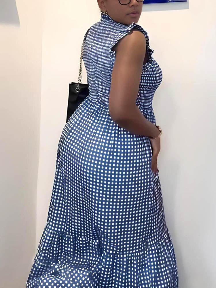 Ruffle Sleeves Gingham Maxi Dress Blue / XL