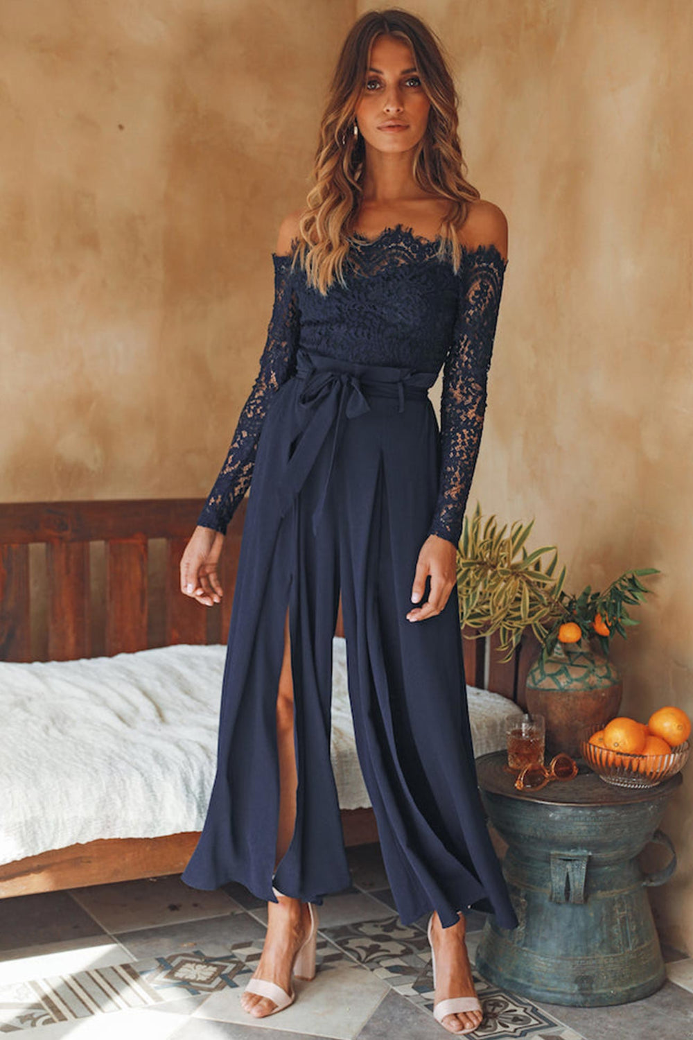 Off Shoulder Lace Patchwork Split Jumpsuits Navy Blue · M
