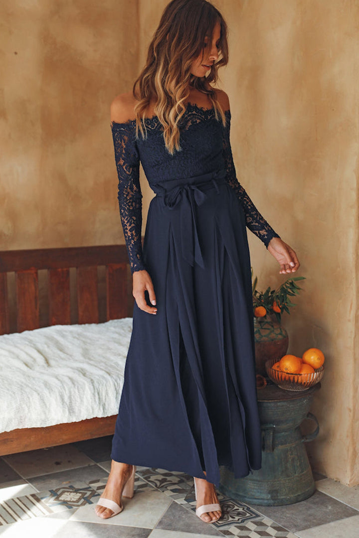 Off Shoulder Lace Patchwork Split Jumpsuits Navy Blue · S