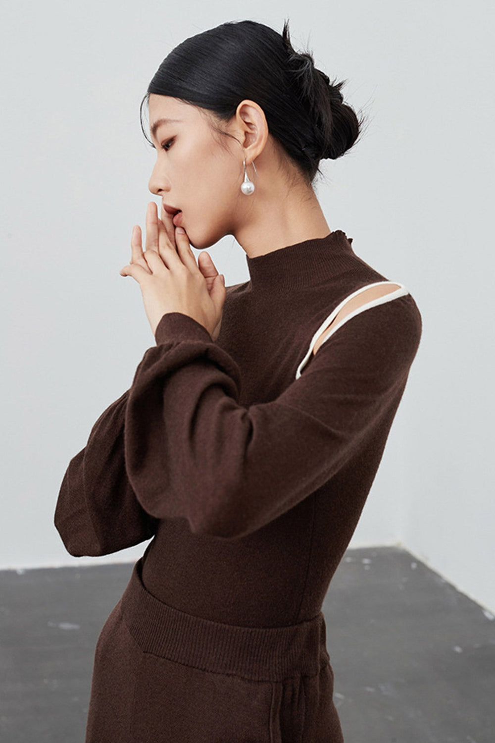 Off Shoulder Long Sleeve Wool Knitted Tops Black · One Size