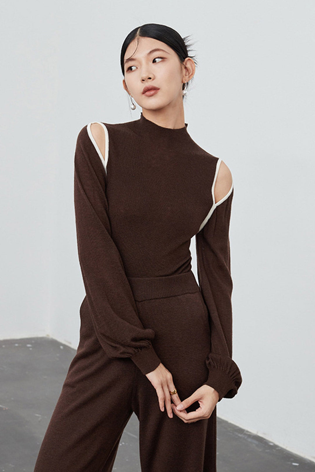 Off Shoulder Long Sleeve Wool Knitted Tops Coffee · One Size