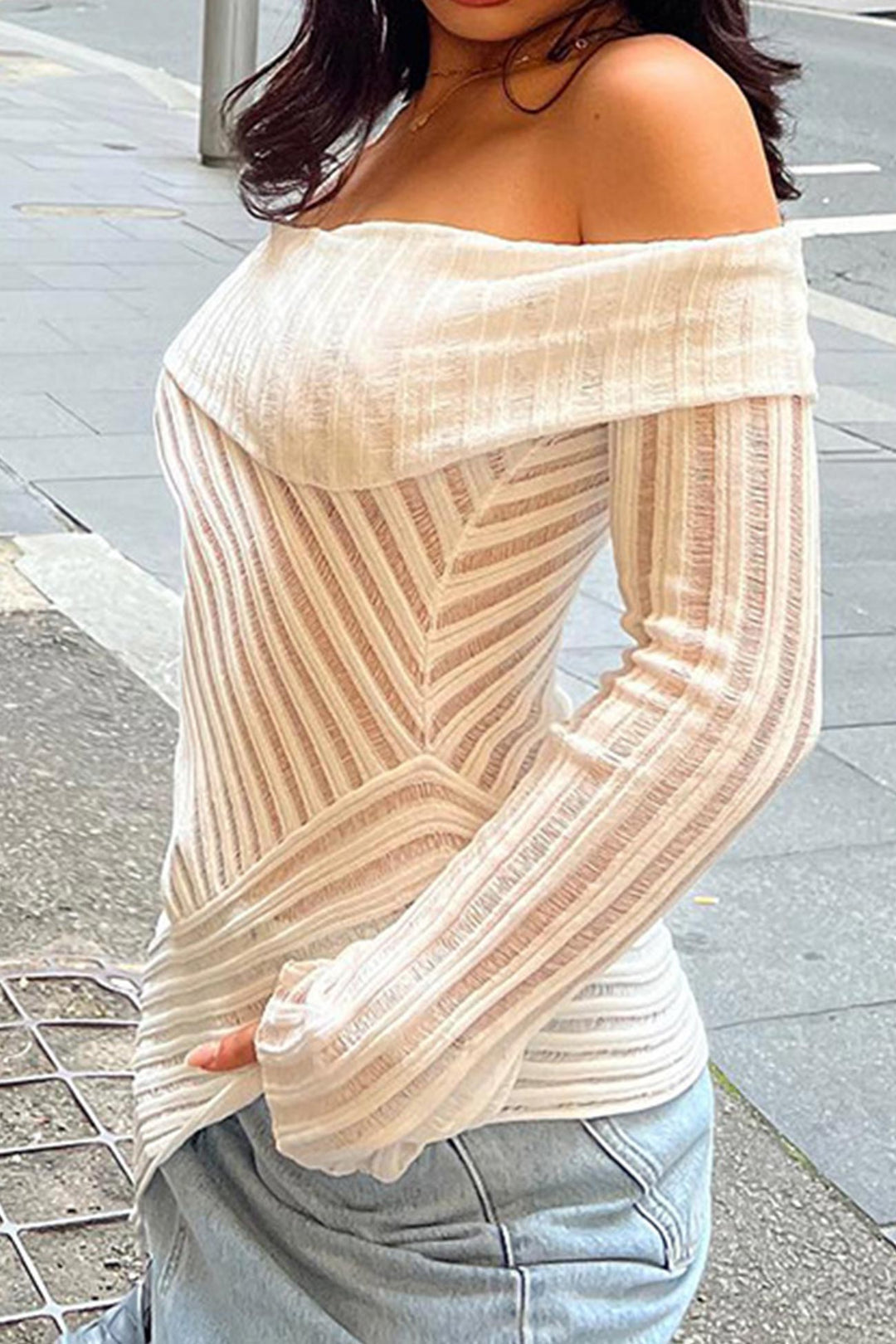 Off Shoulder Striped Textured Hollow Out Tops White · S