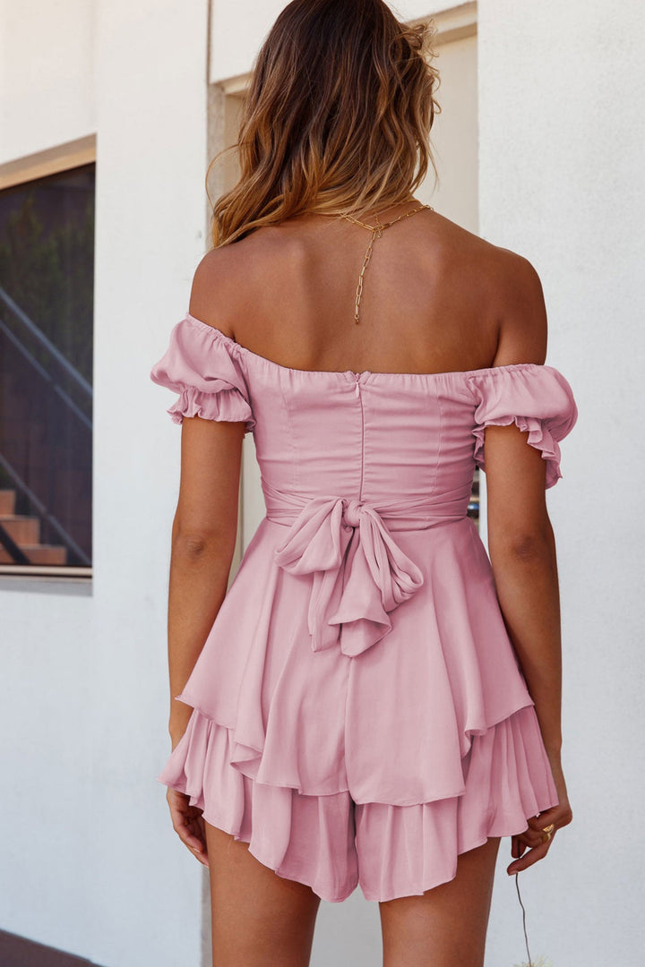 Off Shoulder Tie Back Ruffled Skirt Pants Light Pink · L