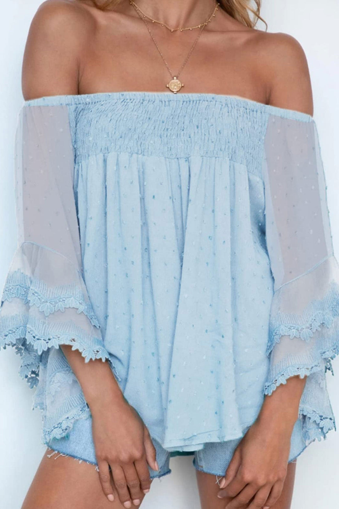 Off-shoulder Flares Sleeve Ruffle Chiffon Tops Blue · S