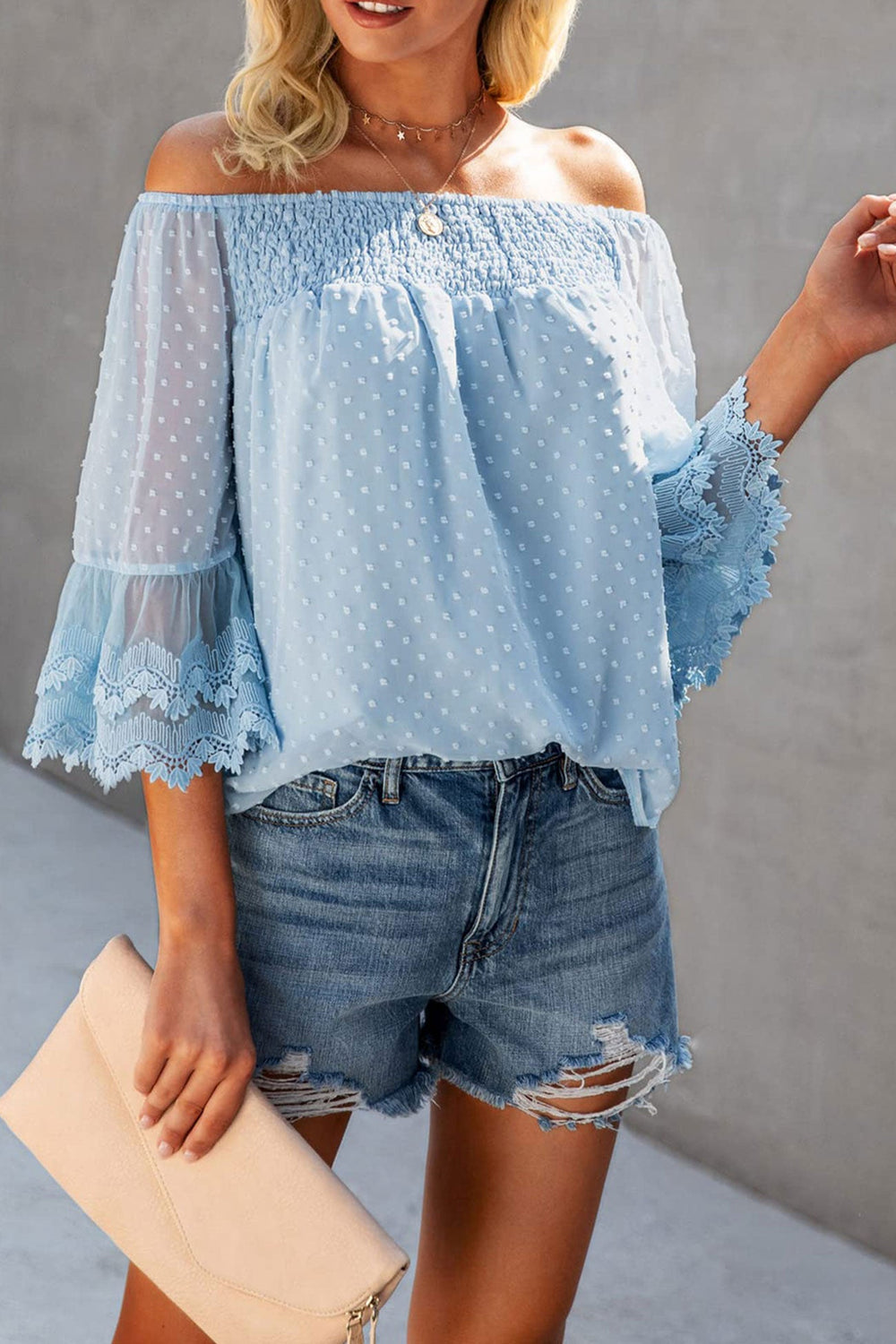 Off-shoulder Flares Sleeve Ruffle Chiffon Tops Blue · M
