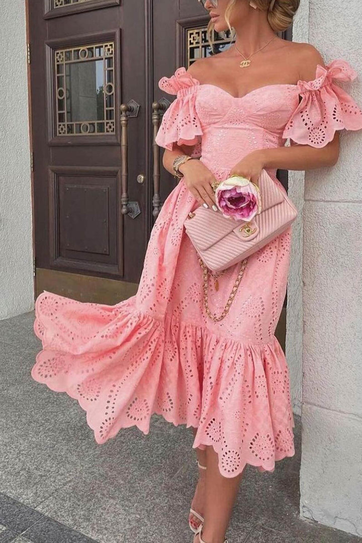 Off-shoulder Hollow Out Ruffle Dress Pink · S
