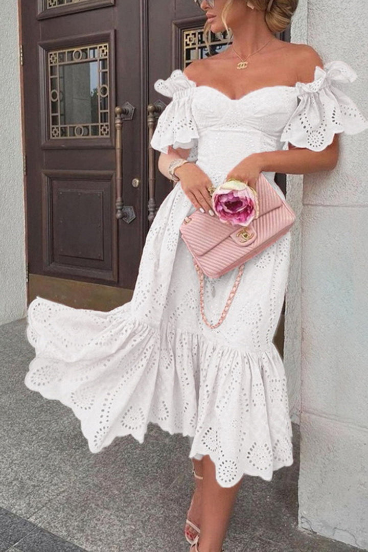 Off-shoulder Hollow Out Ruffle Dress Pink · L